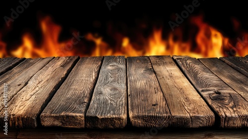 Aged Wooden Plank Table Facing Blazing Fire Background