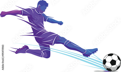 Soccer player dynamic kick motion illustration design, football action artwork concept, athletic sport energy theme, competitive game symbol, modern graphic style image
