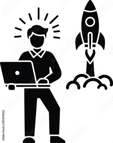 Man with laptop and rocket launch - startup business and innovation