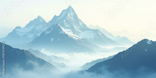 Panoramic sunrise view of snow-covered mountain peaks in the morning mist with blue sky and clouds over the high Alps winter landscape