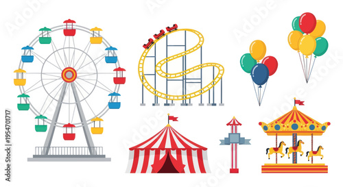 Amusement Park Fun: Ferris Wheel, Roller Coaster, Carousel, Tent, Balloons