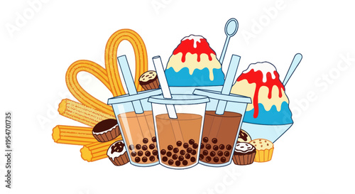 Assorted Sweet Treats: Bubble Tea, Churros, Cupcakes, and Shaved Ice
