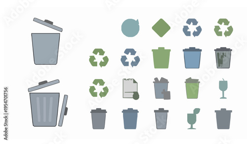 Modern recycle and trash can icons set with eco waste management symbols in clean flat design