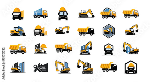 Construction Vehicle Icons Set: Trucks, Excavators, Loaders, Diggers