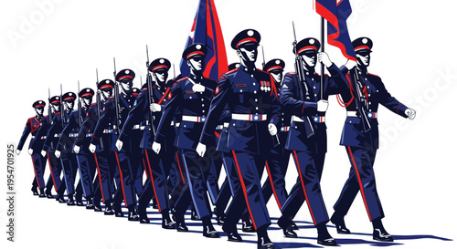 Military Marching Band in Uniforms with Flags