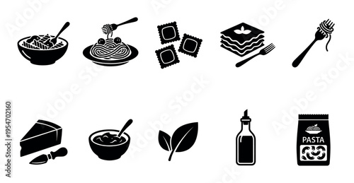 A collection of black and white silhouette icons representing various Italian food items like pasta, ravioli, lasagna, cheese, sauce, and oil.