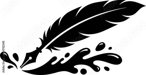Artistic Quill Pen Silhouette with Dynamic Ink Splash and Droplets Vector