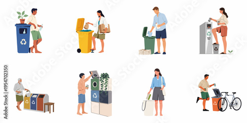 Collection of diverse people sorting various waste materials into different recycling bins for environmental protection and sustainable lifestyle illustration.