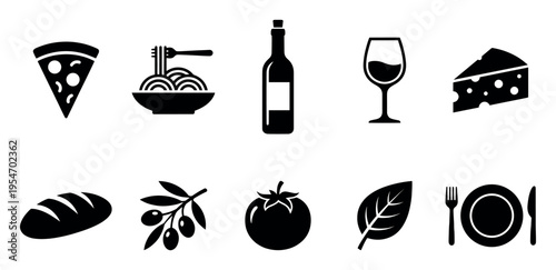 A clean, simple collection of black icons representing Italian food and dining elements, perfect for menus, websites, or recipe blogs.