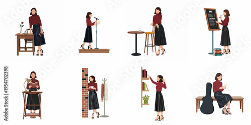 Flat vector illustration set of a fashionable woman enjoying various activities including reading, public speaking, drinking coffee, and visiting a cafe.