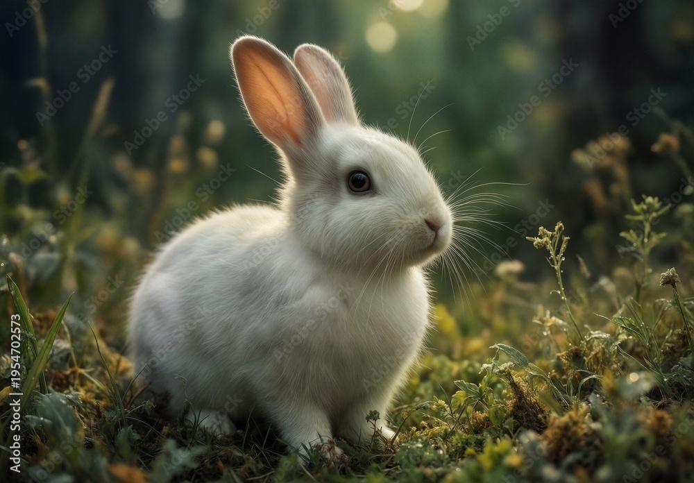 Fototapeta premium adorable white rabbit sitting in lush green meadow during golden hour light.