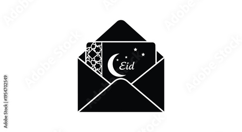 A black envelope containing a card with a crescent moon and eid text a striking silhouette