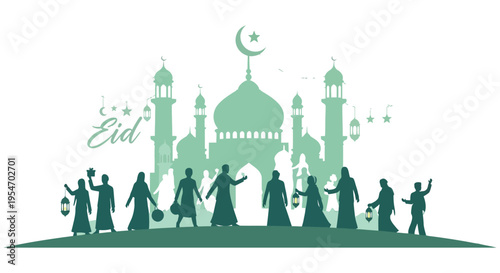 Festive eid al fitr celebration with people and mosque a beautiful green silhouette high quality professional detailed