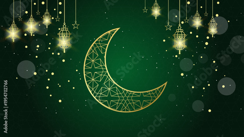 A gold crescent moon with intricate design on a dark green background surrounded by hanging lanterns and stars
