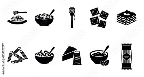 A collection of simple black and white icons representing various pasta dishes, ingredients, and cooking tools, perfect for websites or menus.