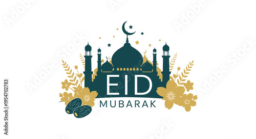 A teal mosque and crescent moon with floral decorations conveys eid mubarak a festive silhouette