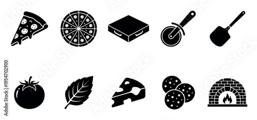A black and white graphic set featuring pizza slice, whole pizza, box, cutter, peel, tomato, basil, cheese, pepperoni, and oven, perfect for food blogs or restaurant menus.