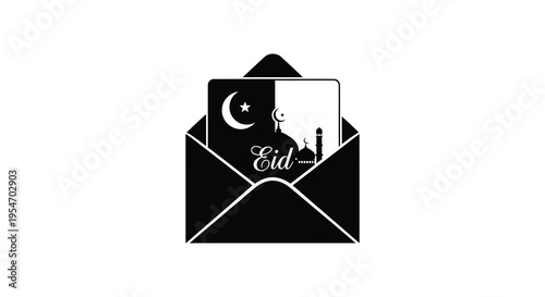 A black envelope holds a card depicting a crescent moon and Eid greeting a striking silhouette