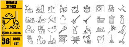 House Cleaning icon set. Housekeeping related line icons: washing, vacuum cleaner, detergent, cleaning tools, equipment, household appliances and more. Editable stroke. Vector illustration