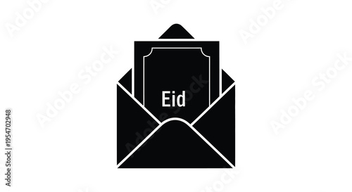A black silhouette of an open envelope with the word Eid inside conveying festive greetings silhouette