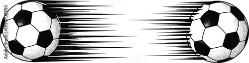 Two soccer balls motion speed trail illustration, dynamic football artwork design, athletic sport concept, competitive game theme, energy action symbol graphic style