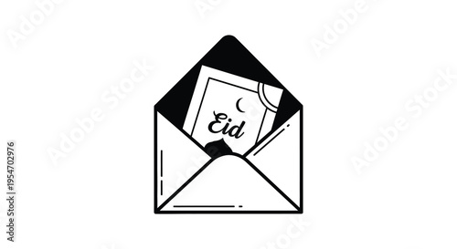 A black and white illustration of an open envelope with a card reading Eid silhouette