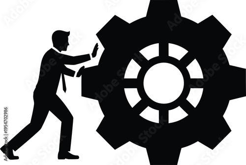 Businessman pushing a large gear, symbolizing effort and business mechanics