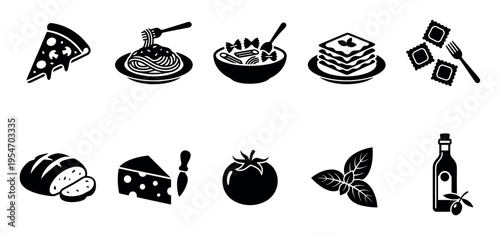 A collection of black and white vector icons representing various Italian food items and ingredients, perfect for culinary themes and designs.