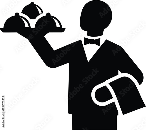 Waiter serving food trays with cloche lids, formal service
