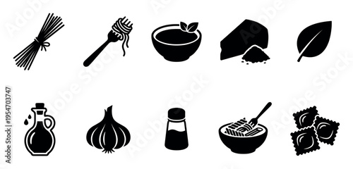 A collection of black and white silhouette icons representing ingredients and dishes of Italian cuisine, including pasta, garlic, cheese, and sauce.
