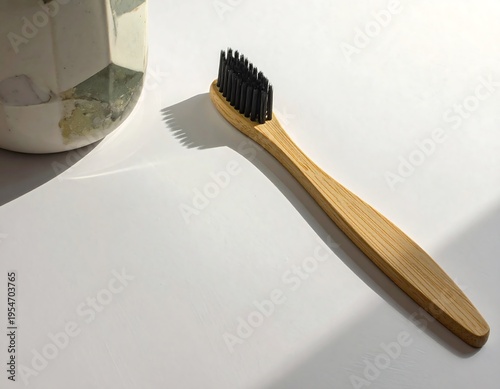 Close-up of a wooden toothbrush with black bristles lying on a white surface, beside a decorative container, illuminated by sunlight