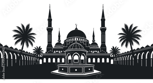 A striking black and white depiction of a mosque with palm trees showcasing a bold silhouette