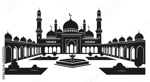 Detailed black and white illustration of a grand mosque structure with intricate details a striking silhouette