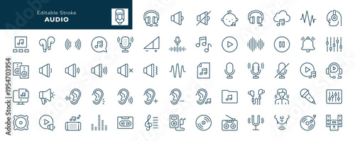 Audio. Set of outline icons. Sound, music, volume, soundless, sound track, voice, microphone, headphones, disk, player, speaker and more. Line icon in linear style. Vector collection	

