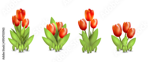 Vibrant flowers tulips and grass, green meadow, spring or summer design for cheerful seasonal cards, nature themes