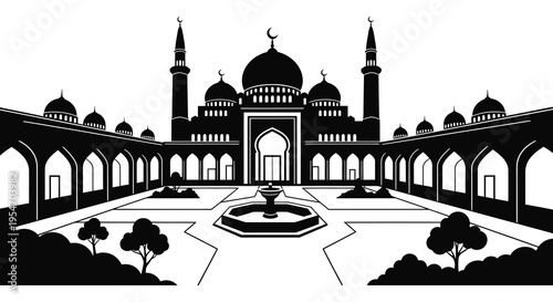 A striking black and white illustration of an islamic mosque building with a fountain silhouette