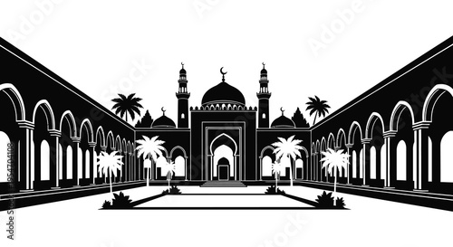 A striking black and white illustration of a mosque with palm trees presented as a silhouette