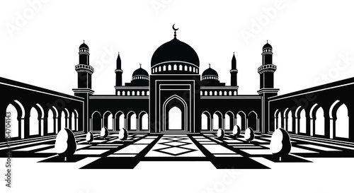 A striking black and white illustration of an islamic mosque with intricate details a bold silhouette