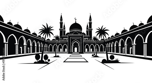 A striking black and white illustration of a grand mosque with palm trees a powerful silhouette