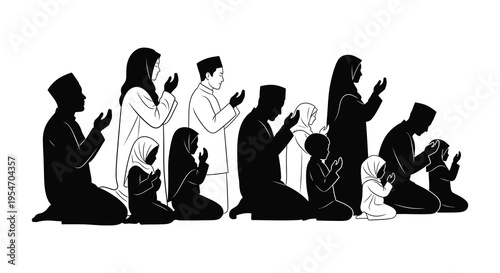 A group of muslim individuals engaged in prayer depicted in a striking black silhouette high quality
