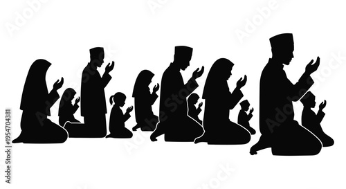 A family of muslims praying together depicted in a striking black shape silhouette high quality professional