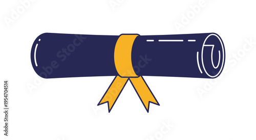 Minimalist Rolled Diploma Certificate with Yellow Ribbon Vector Icon Isolated on White Background. Represents Graduation, Achievement, and Educational Success.