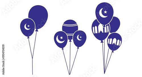 Festive ramadan balloons with crescent moons and stars in a dark blue color silhouette high quality