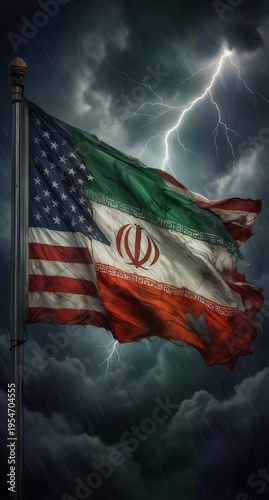united states and iran flags combined in stormy weather with lightning.