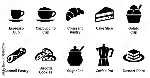 A collection of black vector icons representing various coffee and pastry items, including cups, croissant, cake, gelato, and more.