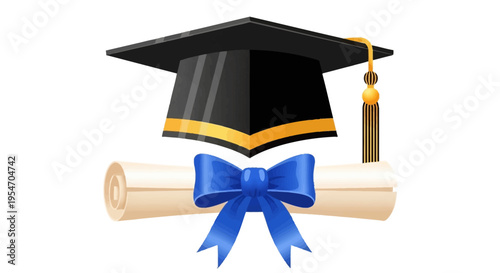 Graduation Cap and Diploma Scroll with Blue Ribbon Isolated on White Background