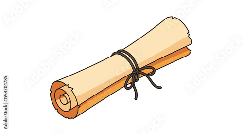 Old Rolled Paper Parchment Scroll with Black String, Vintage Medieval Document Illustration Isolated on White Background