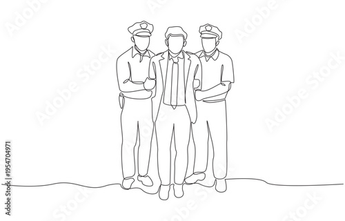 Continuous one line of officers arresting man wearing suit, law enforcement exercising control over figure of status or power concept, single line art