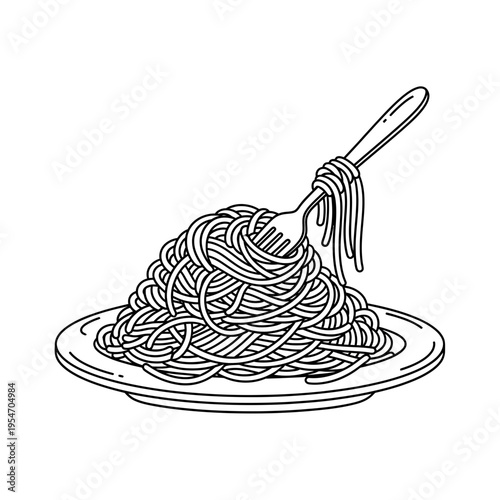 Hand-drawn spaghetti pasta on plate with fork, illustration