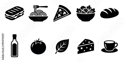 A collection of clean, black food icons including a sandwich, pasta, pizza, salad, bread, a bottle, tomato, leaf, cheese, and coffee cup.